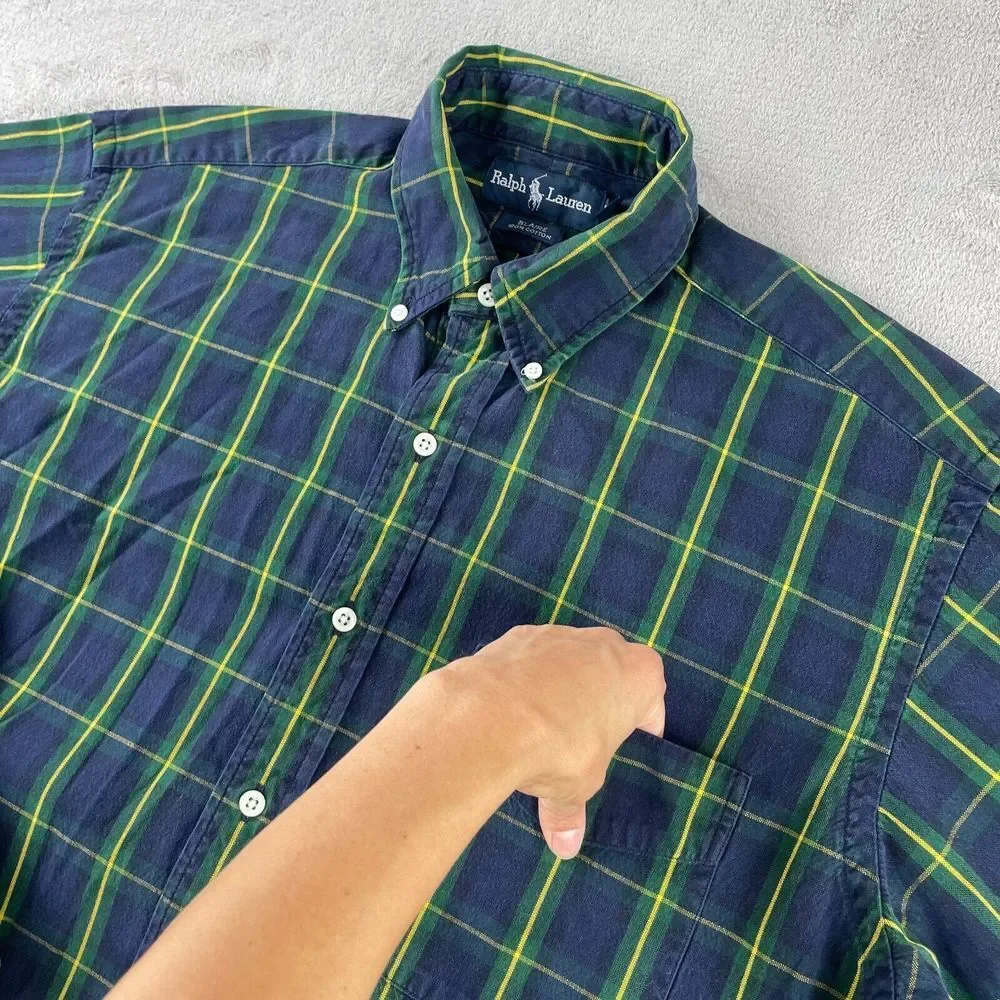 Vintage Polo Ralph Lauren Shirt Men Medium‎ Navy Tartan Plaid Blaire Preppy Pony